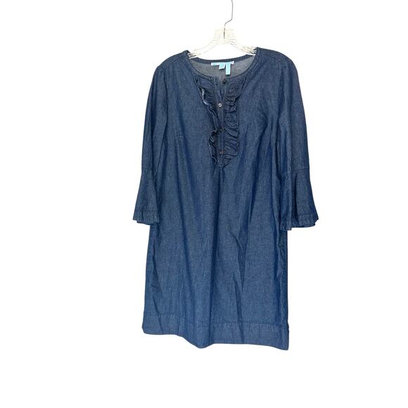 Draper James Dress Bell Sleeve Button Front Denim Chambray Ruffle Shift Size 6 - Picture 2 of 12